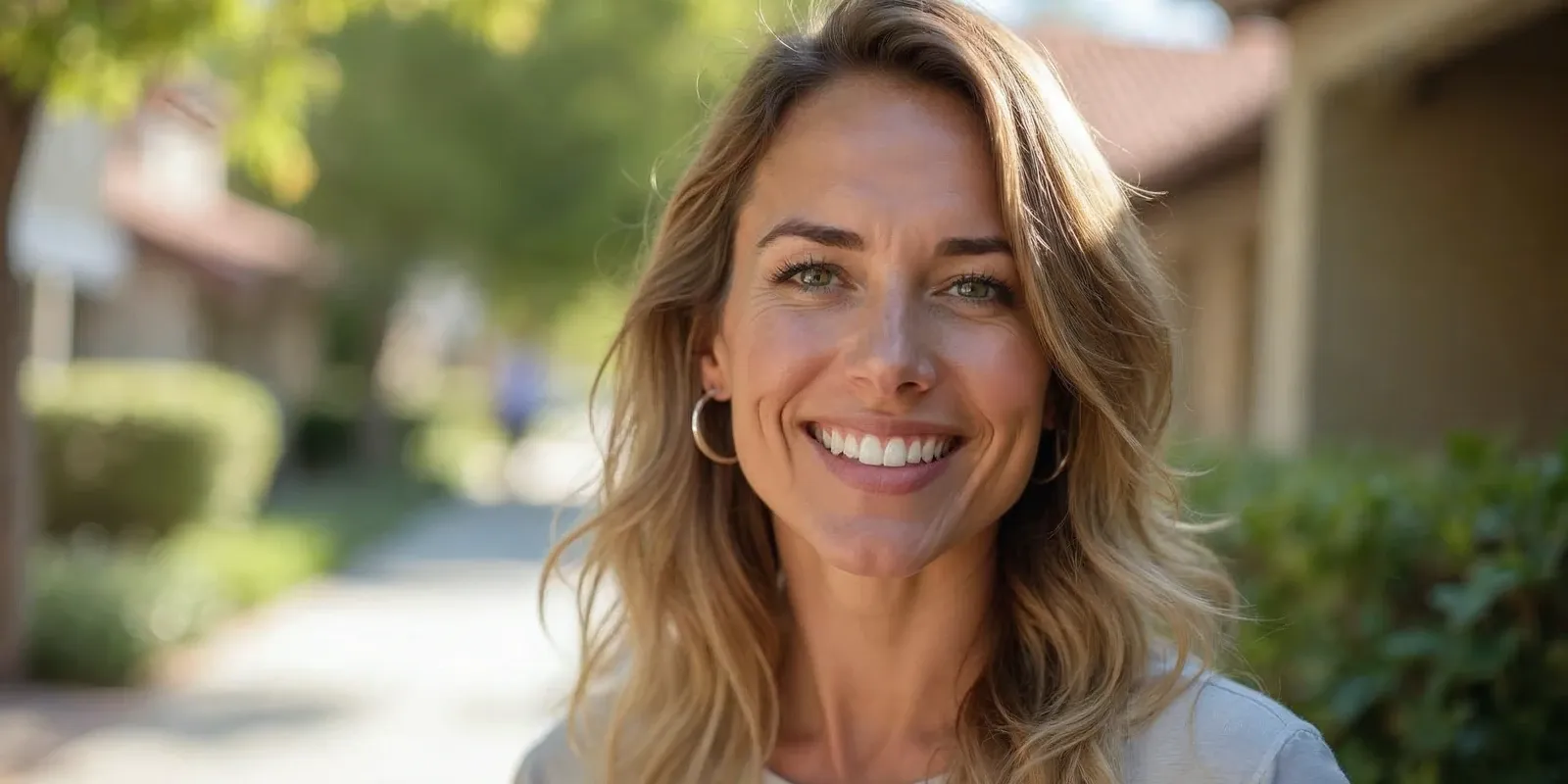 A relaxed portrait of a woman in her 30s standing outdoors in Livermore sunlight, smiling naturally with a light breeze in