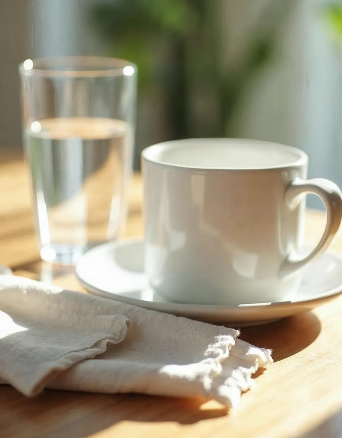 A close still life of a white ceramic mug, a glass of water, and a folded linen napkin on a sunlit wooden table, with a